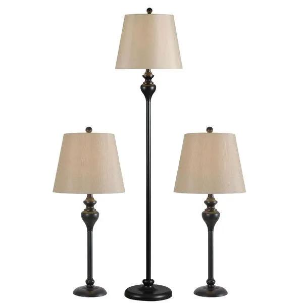3-Piece Floor Lamp and Table Desk Lamp Set in Black with Light Gold Drum Shades by HomePacific