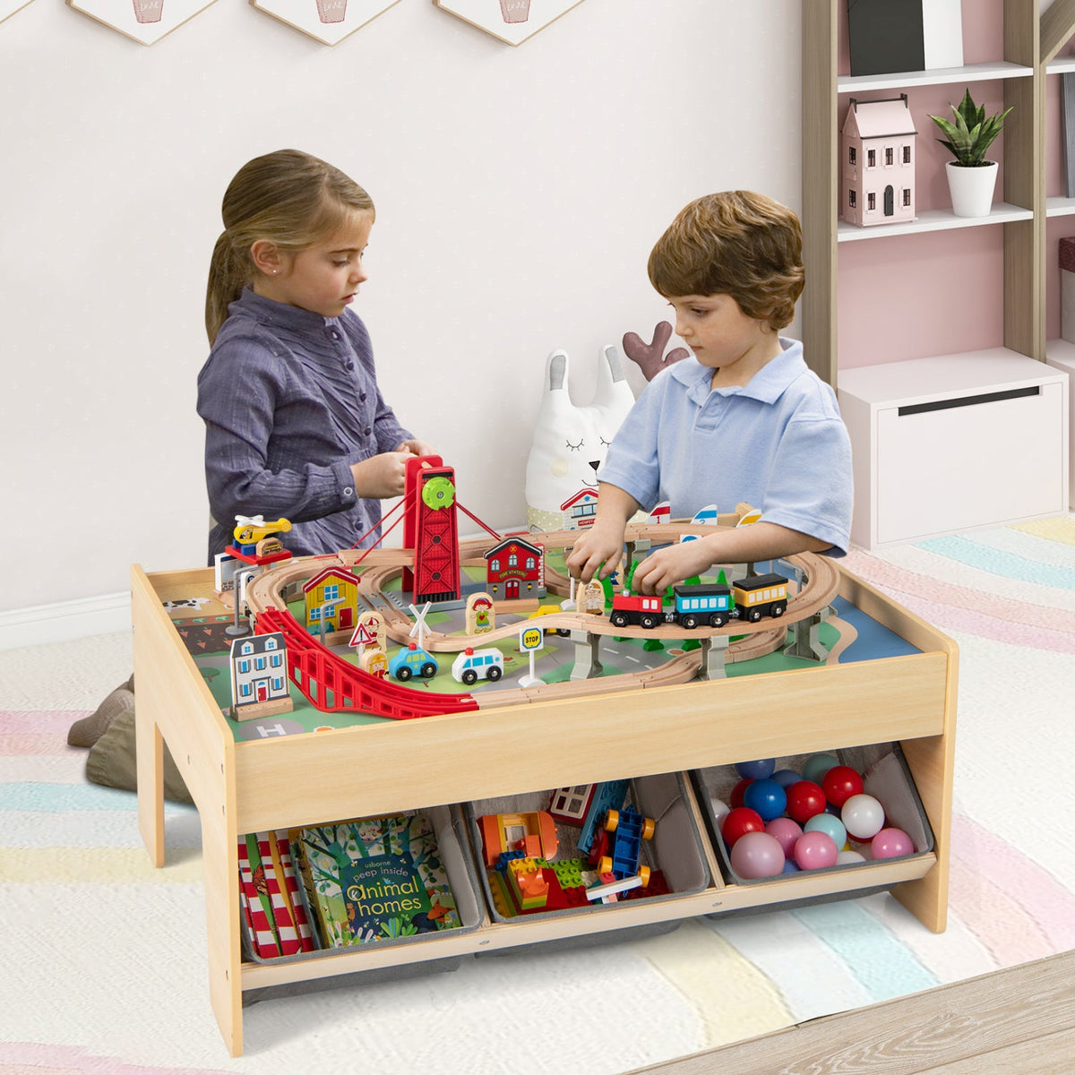 Wooden Train Set Table Kids Multipurpose Activity Play Table with 2 Reversible Tabletops-Red, photo 9 of 10