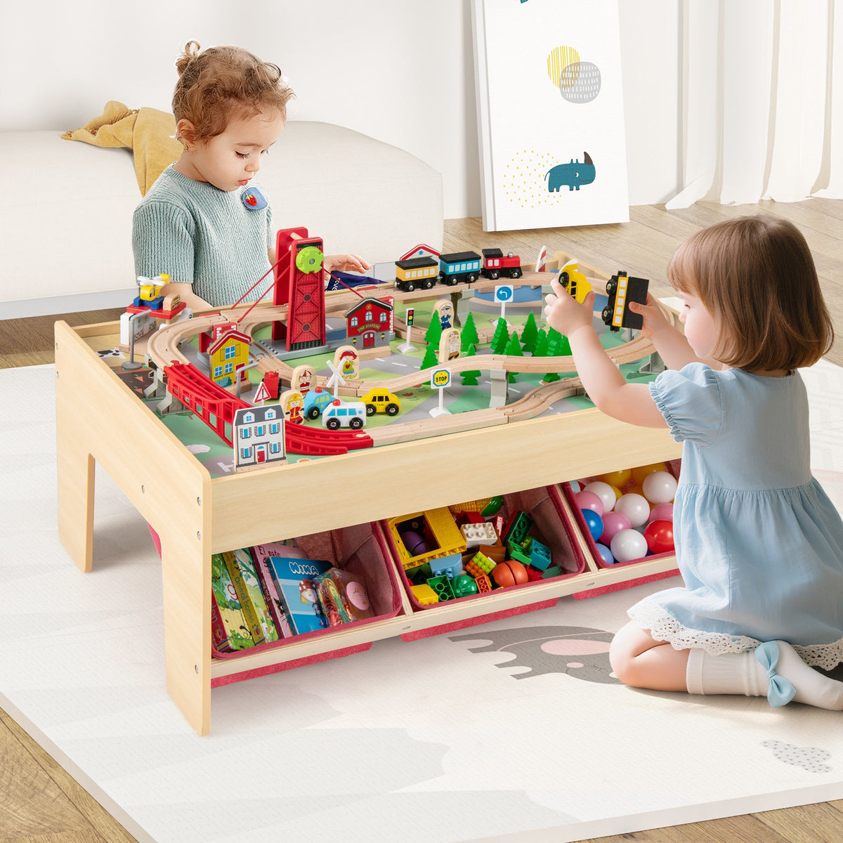 Wooden Train Set Table Kids Multipurpose Activity Play Table with 2 Reversible Tabletops-Red, photo 10 of 10