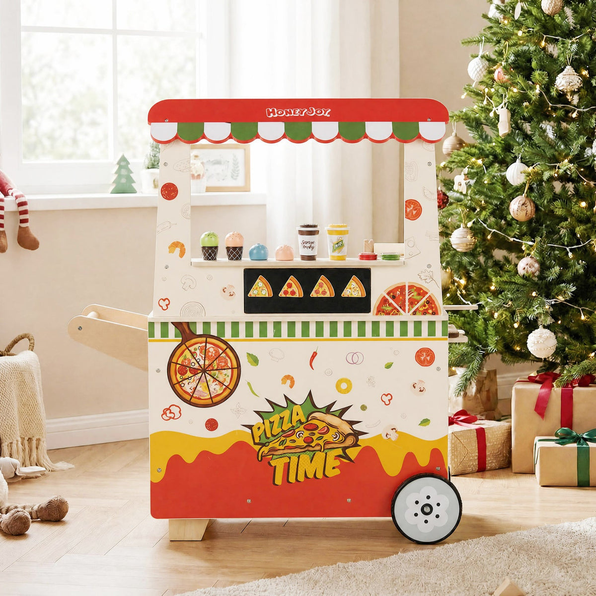 Kids Pizza Food Truck Wooden Pretend Play Snack Cart with Oven-Pink, photo 9 of 10