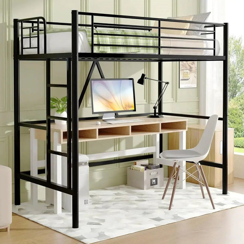 Twin size Black Metal Loft Bed Frame with Ladder - Space Saving Design by HomePacific