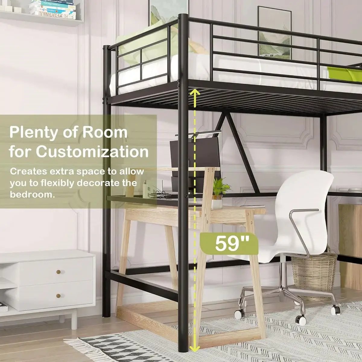Twin size Black Metal Loft Bed Frame with Ladder - Space Saving Design by HomePacific