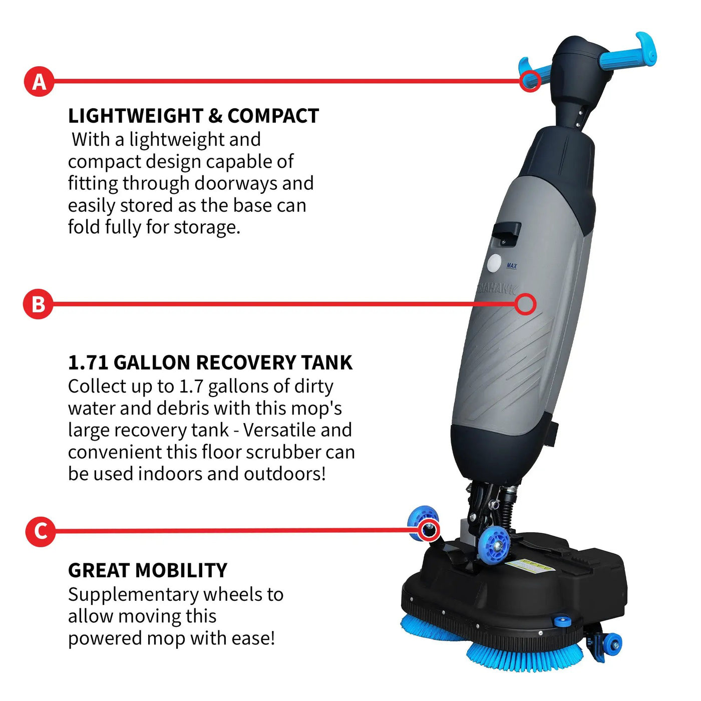 Electric Floor Scrubber Cleaner with 18” Power Mop Brushes Cordless 36V Battery Powered by Tomahawk Power