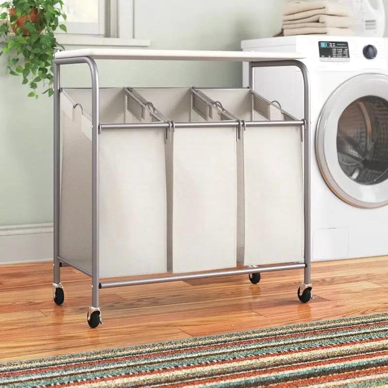 3 Section Wheeled Laundry Sorter Cart with Lift Top Folding Ironing Board by HomePacific