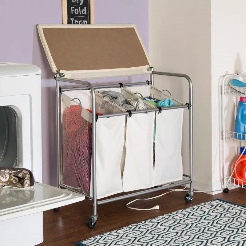 3 Section Wheeled Laundry Sorter Cart with Lift Top Folding Ironing Board by HomePacific