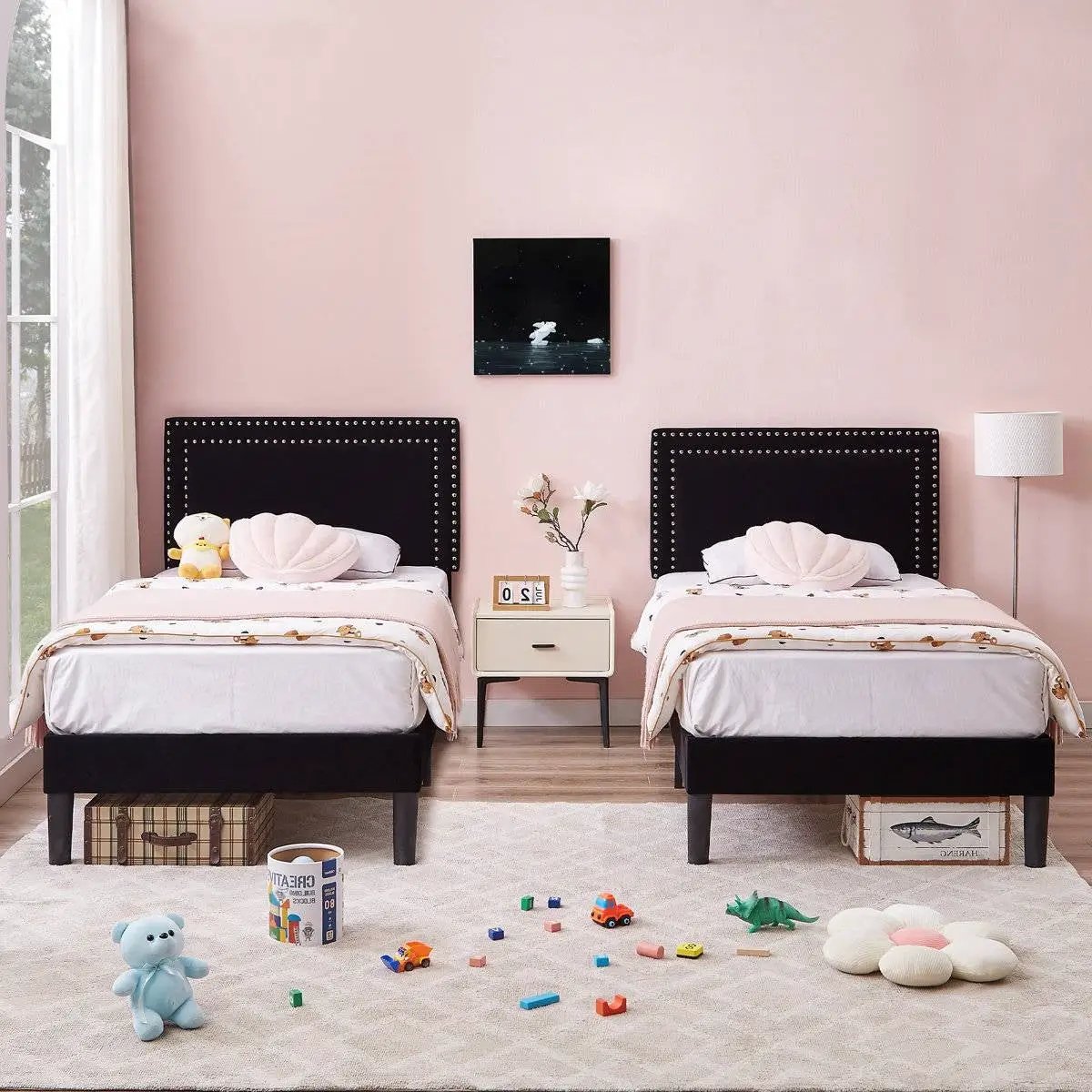 Set of 2 - Twin Dorm Style Black Tufted Upholstered Platform Bed with Headboard by HomePacific