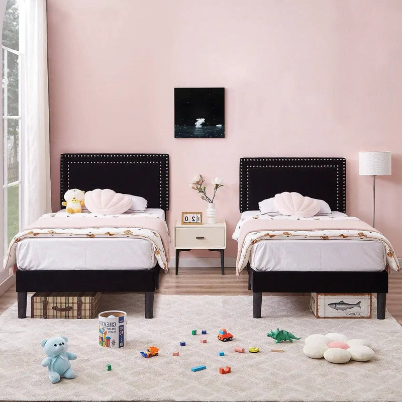 Set of 2 - Twin Dorm Style Black Tufted Upholstered Platform Bed with Headboard by HomePacific