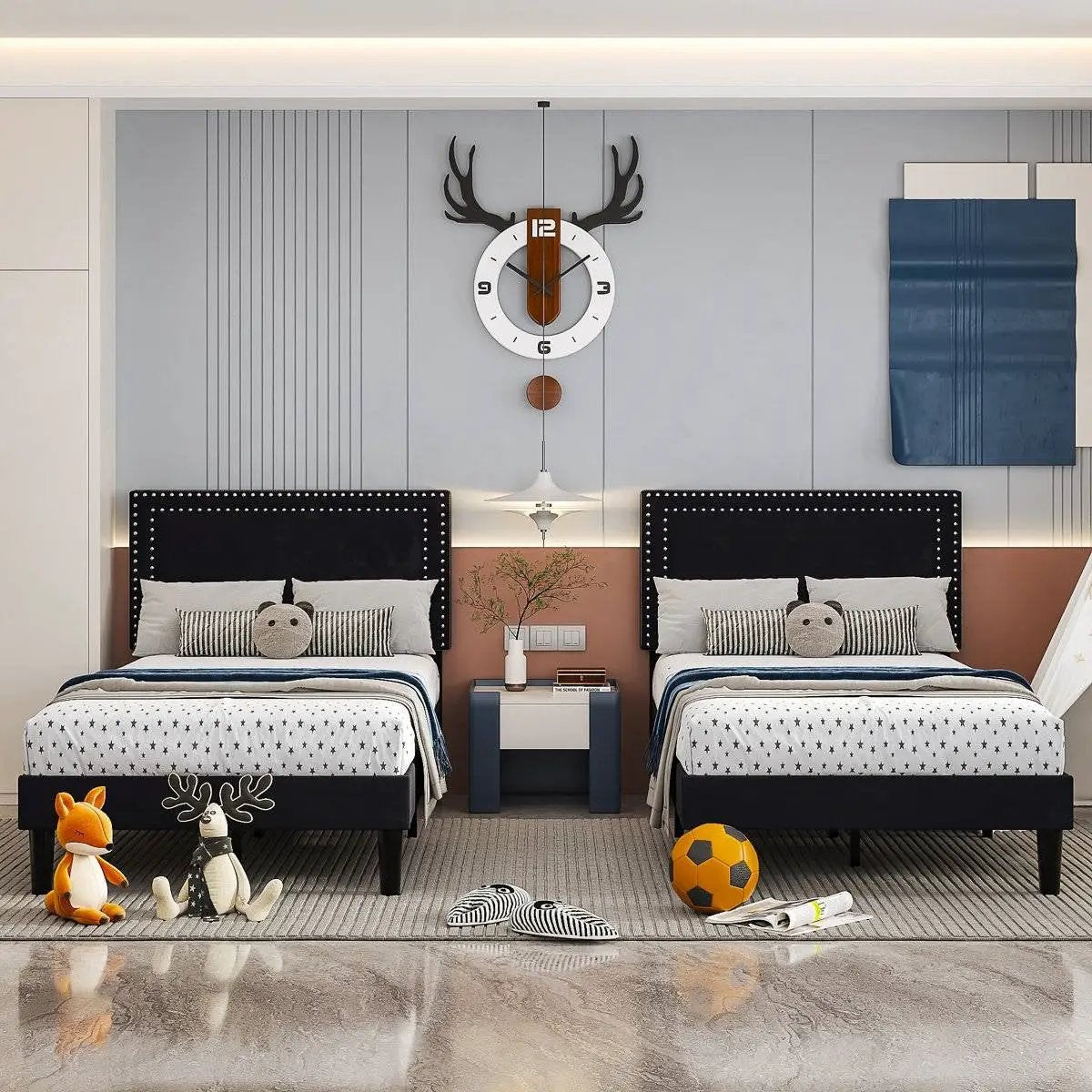 Set of 2 - Twin Dorm Style Black Tufted Upholstered Platform Bed with Headboard by HomePacific