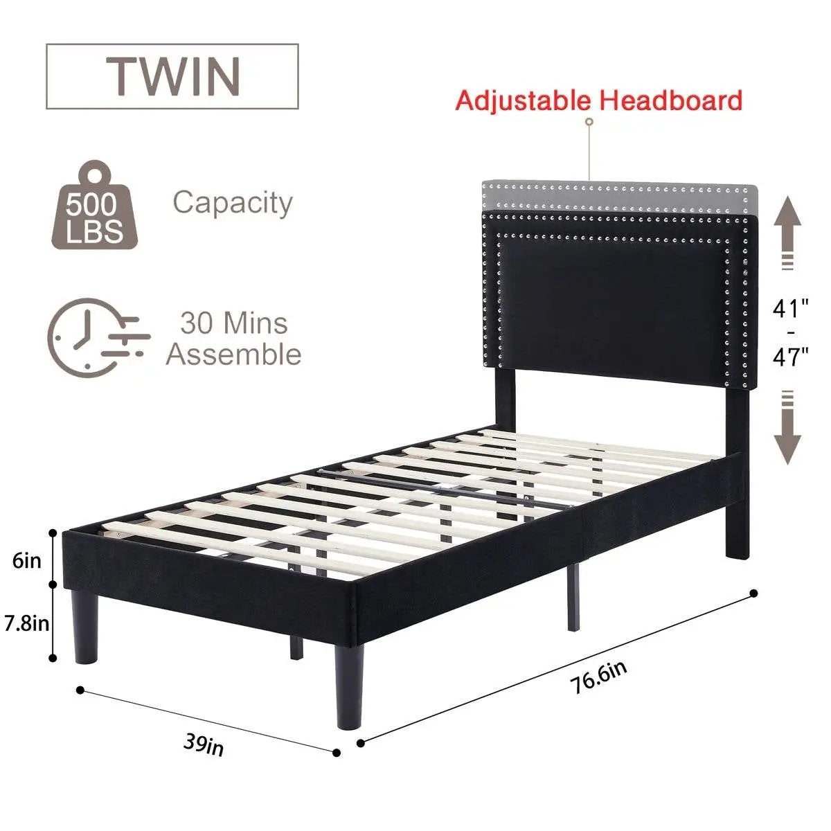 Set of 2 - Twin Dorm Style Black Tufted Upholstered Platform Bed with Headboard by HomePacific