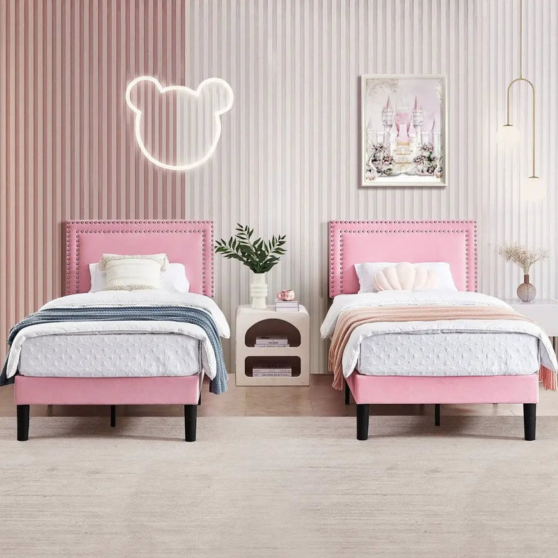 Set of 2 - Twin size Pink Upholstered Platform Bed with Nailhead Trim Headboard by HomePacific