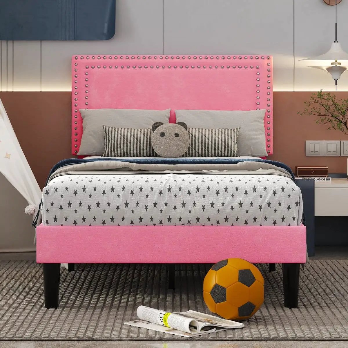 Set of 2 - Twin size Pink Upholstered Platform Bed with Nailhead Trim Headboard by HomePacific