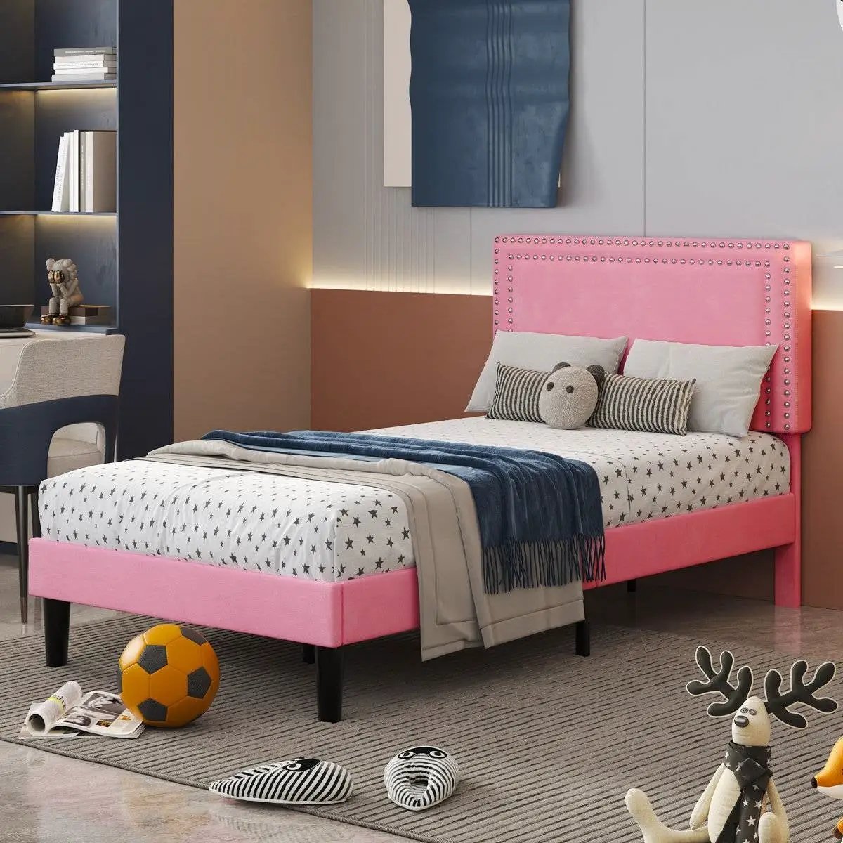 Set of 2 - Twin size Pink Upholstered Platform Bed with Nailhead Trim Headboard by HomePacific