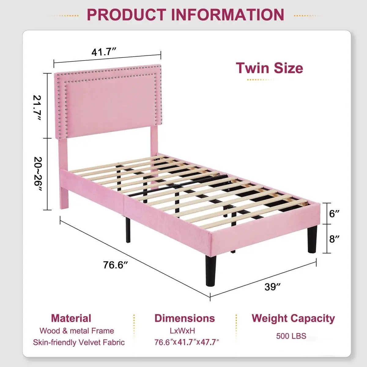 Set of 2 - Twin size Pink Upholstered Platform Bed with Nailhead Trim Headboard by HomePacific