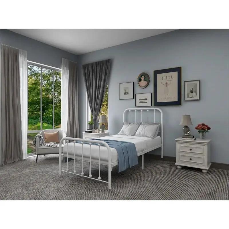 Twin White Metal Bed Frame with Slatted Rounded Corners Headboard and Footboard by HomePacific