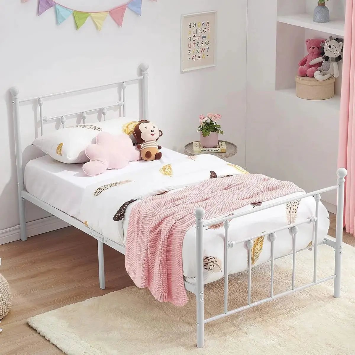 Twin Victorian Style White Metal Platform Bed Frame with Headboard Footboard by HomePacific