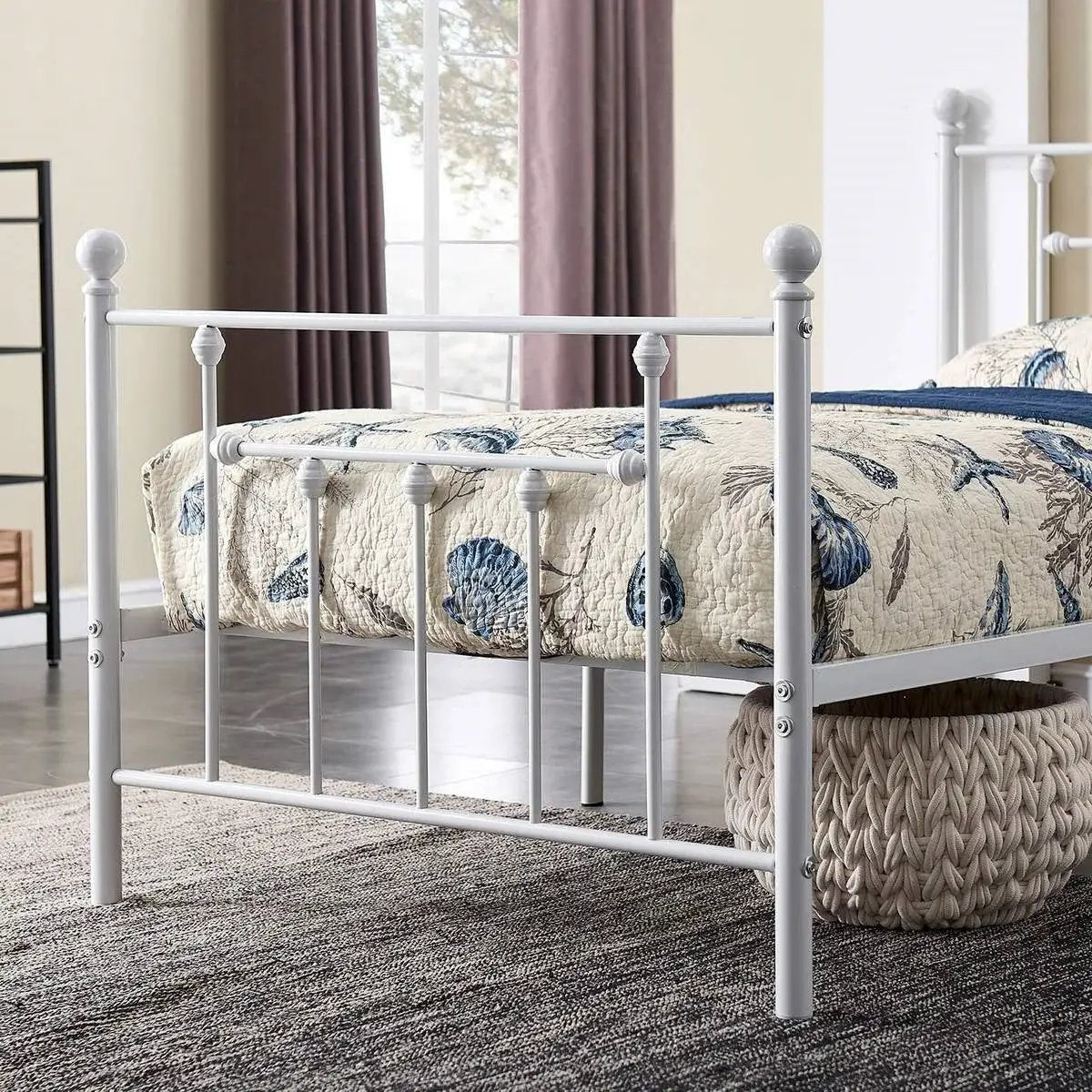 Twin Victorian Style White Metal Platform Bed Frame with Headboard Footboard by HomePacific