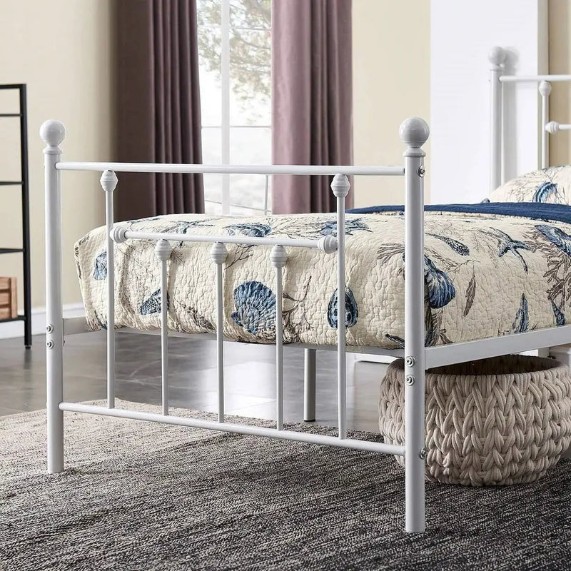 Twin Victorian Style White Metal Platform Bed Frame with Headboard Footboard by HomePacific