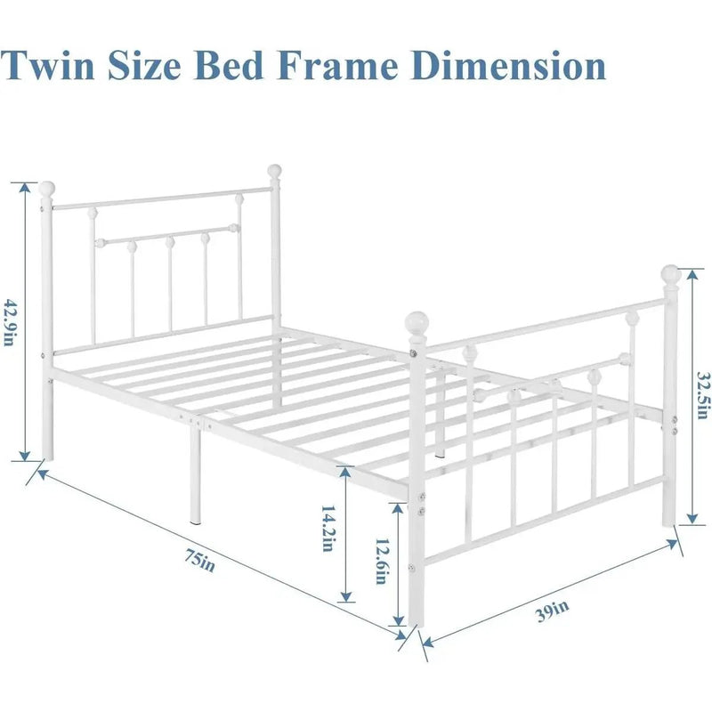 Twin Victorian Style White Metal Platform Bed Frame with Headboard Footboard by HomePacific