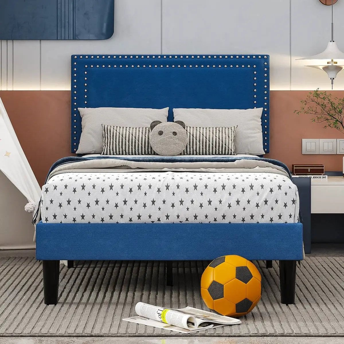 Set of 2 - Twin Dark Blue Upholstered Platform Bed with Nailhead Trim Headboard by HomePacific