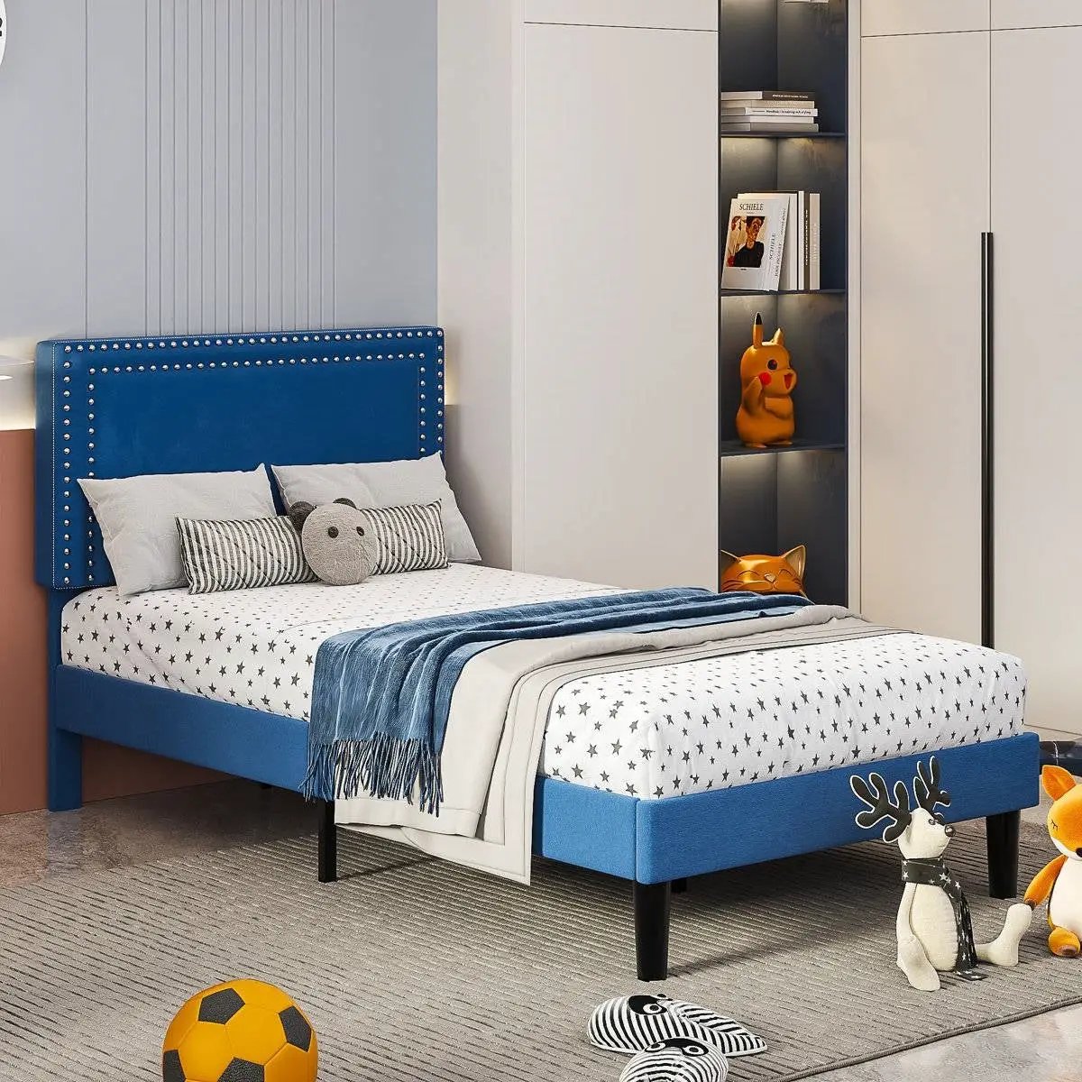 Set of 2 - Twin Dark Blue Upholstered Platform Bed with Nailhead Trim Headboard by HomePacific