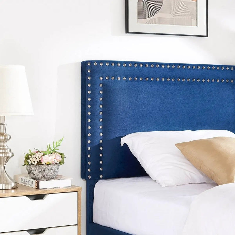 Set of 2 - Twin Dark Blue Upholstered Platform Bed with Nailhead Trim Headboard by HomePacific