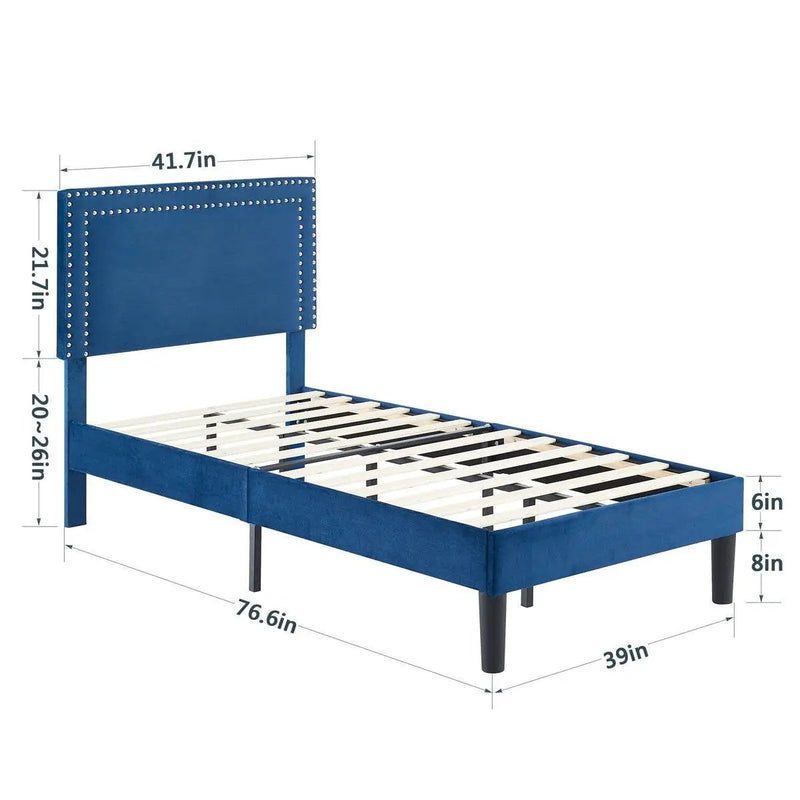 Set of 2 - Twin Dark Blue Upholstered Platform Bed with Nailhead Trim Headboard by HomePacific