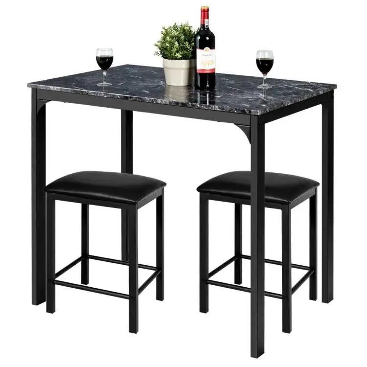 Modern 3-Piece Dining Set Black Faux Marble Table-Top and 2 Black Chairs Stools by HomePacific
