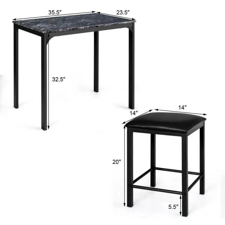 Modern 3-Piece Dining Set Black Faux Marble Table-Top and 2 Black Chairs Stools by HomePacific