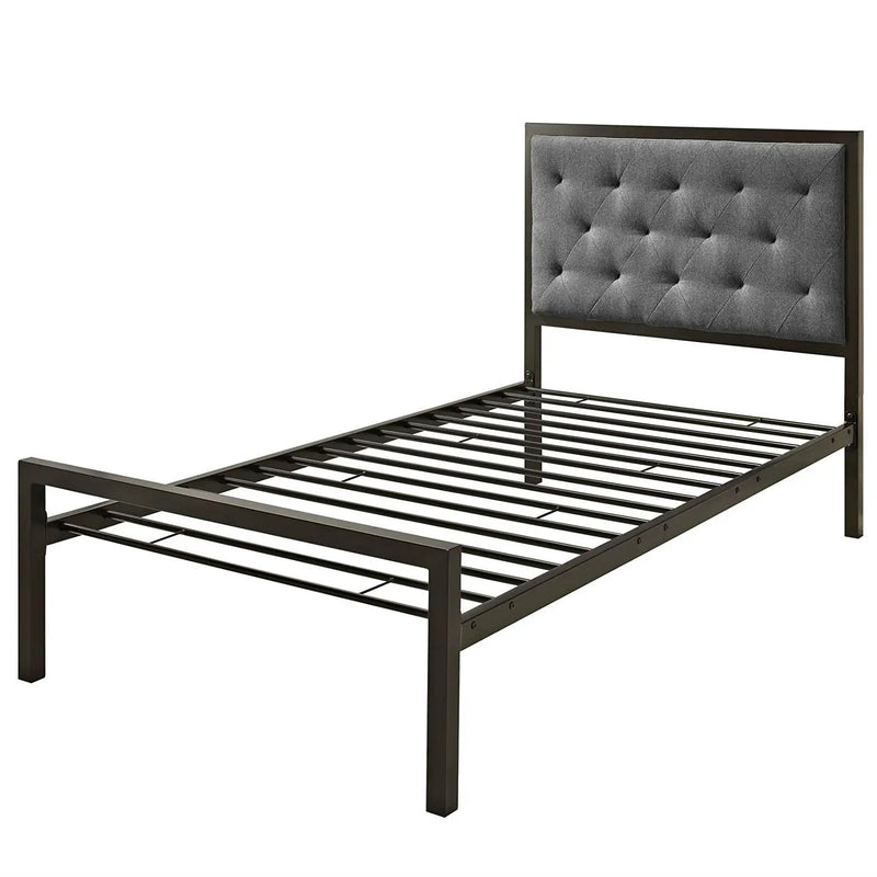 Twin Metal Platform Bed with Gray Fabric Button Tufted Upholstered Headboard by HomePacific