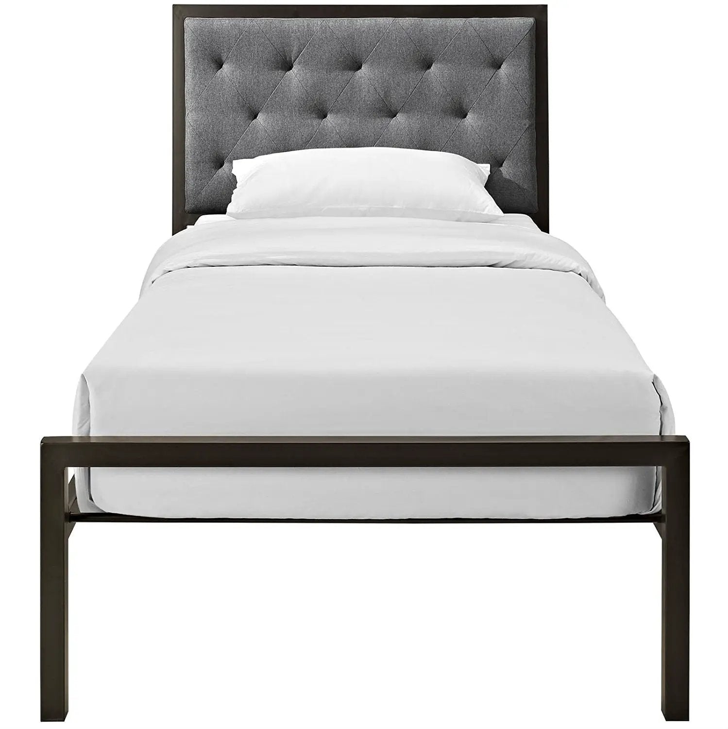 Twin Metal Platform Bed with Gray Fabric Button Tufted Upholstered Headboard by HomePacific