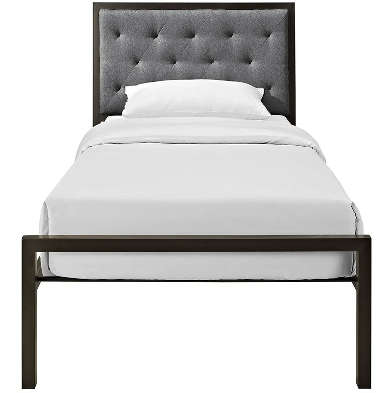 Twin Metal Platform Bed with Gray Fabric Button Tufted Upholstered Headboard by HomePacific