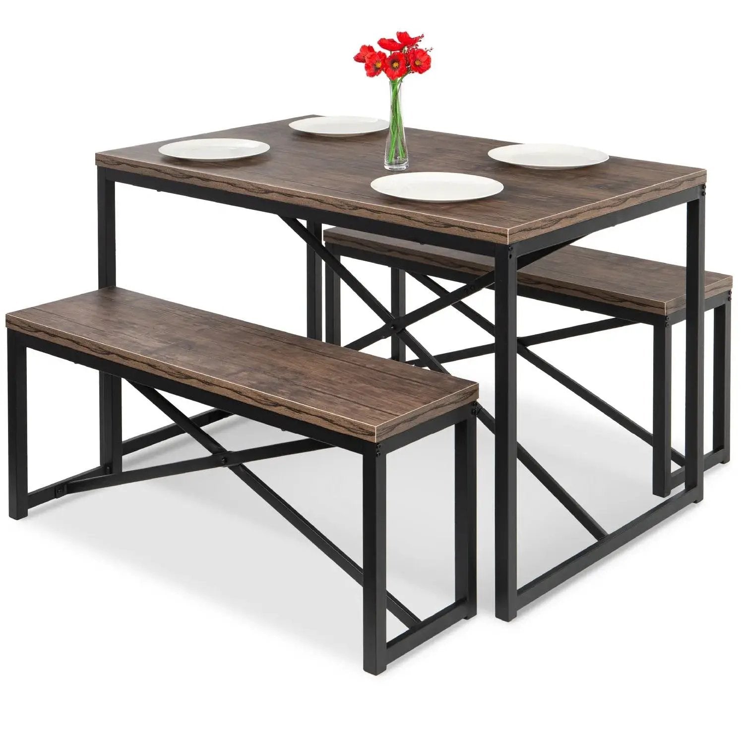 Modern 3-Piece Dining Set with Wood Top Metal Frame Table and 2 Bench Chairs by HomePacific