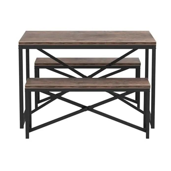 Modern 3-Piece Dining Set with Wood Top Metal Frame Table and 2 Bench Chairs by HomePacific