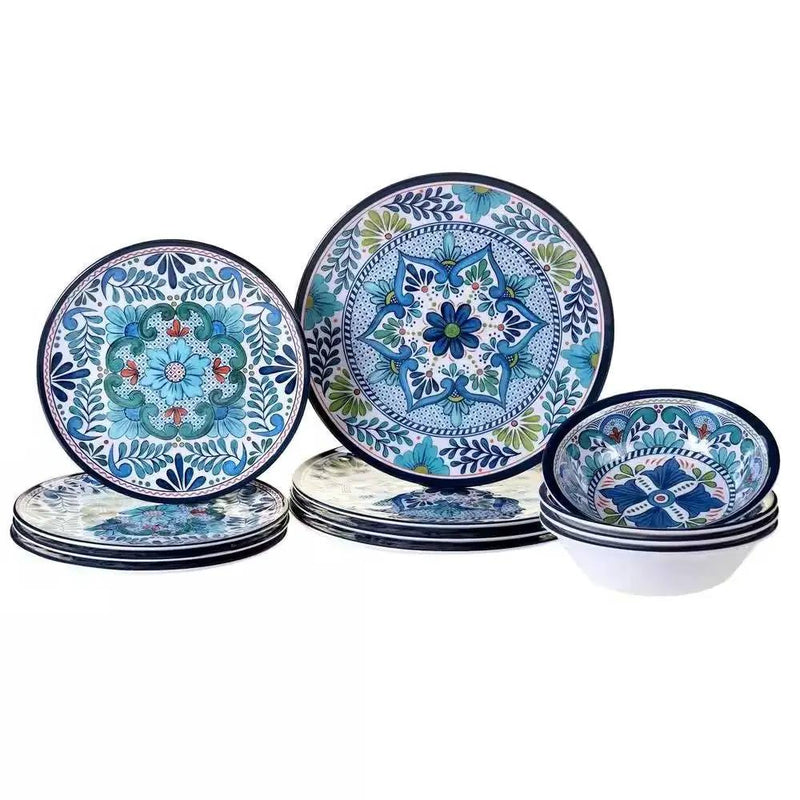 12-Piece Melamine Dinnerware Plates Bowls Set with Blue Floral Pattern by HomePacific