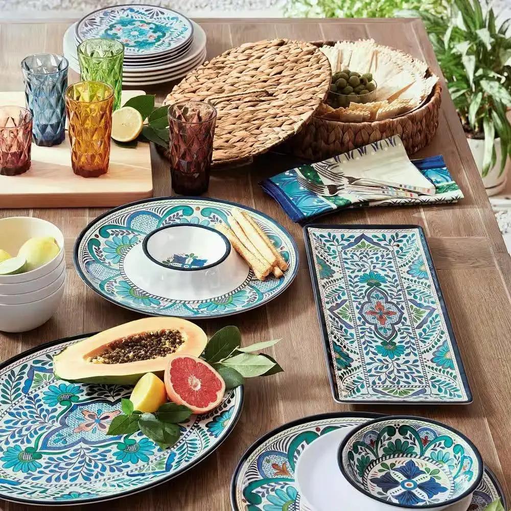 12-Piece Melamine Dinnerware Plates Bowls Set with Blue Floral Pattern by HomePacific
