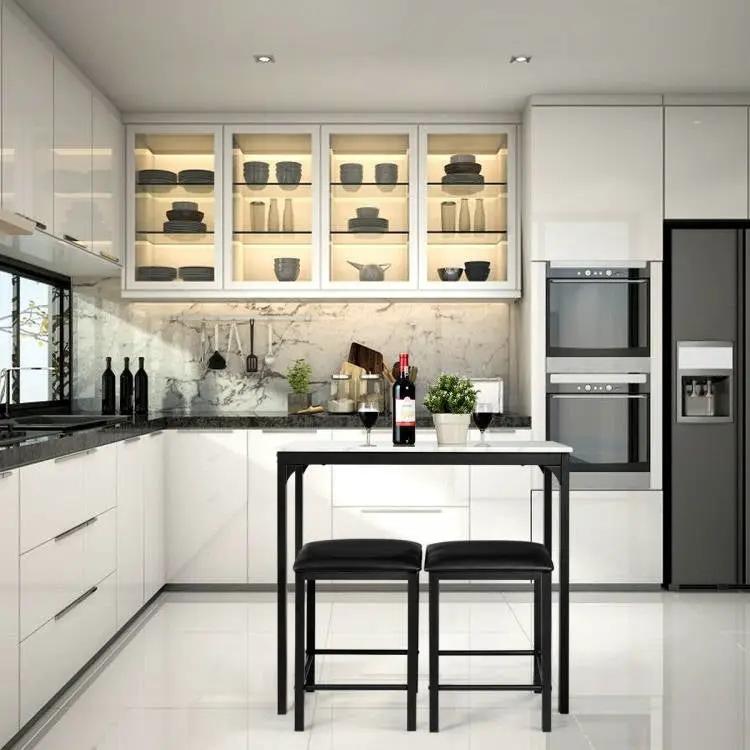 Modern 3-Piece Dining Set White Faux Marble Table-Top and 2 Black Chairs Stools by HomePacific