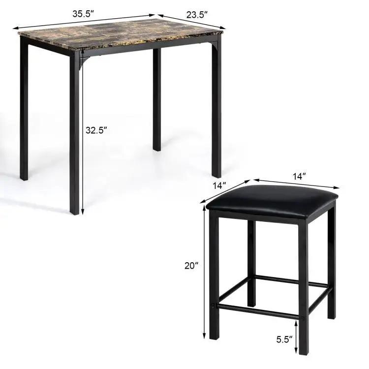 Modern 3-Piece Dining Set Brown Faux Marble Table-Top and 2 Black Chairs Stools by HomePacific
