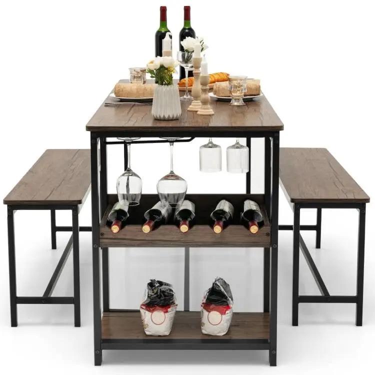 Modern Industrial 3-Piece Metal Wood Dining Set with 2 Benches and Wine Rack by HomePacific