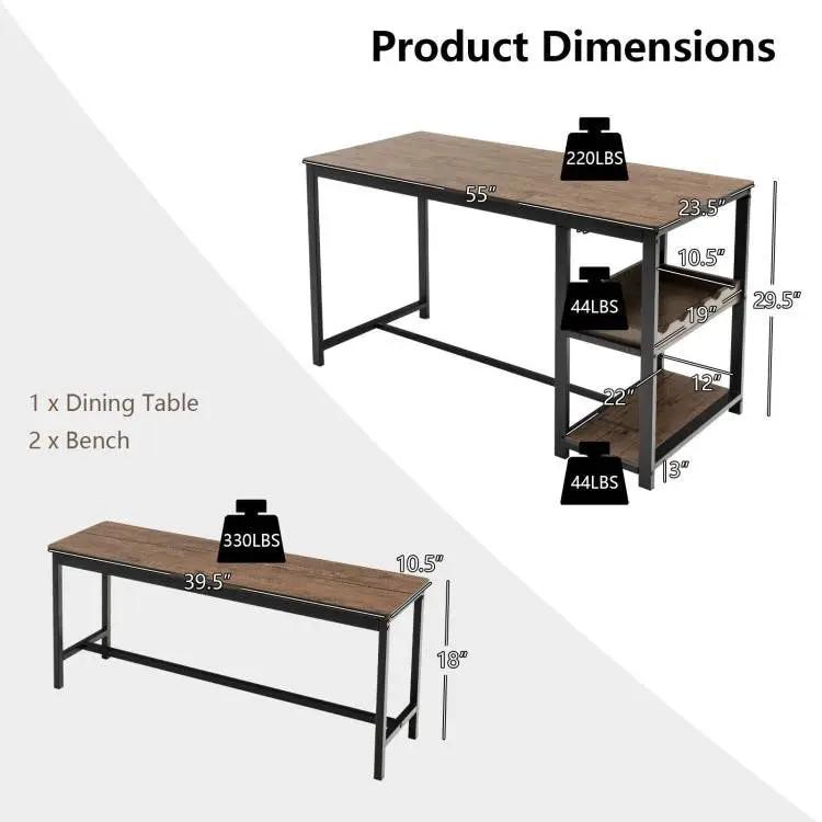 Modern Industrial 3-Piece Metal Wood Dining Set with 2 Benches and Wine Rack by HomePacific