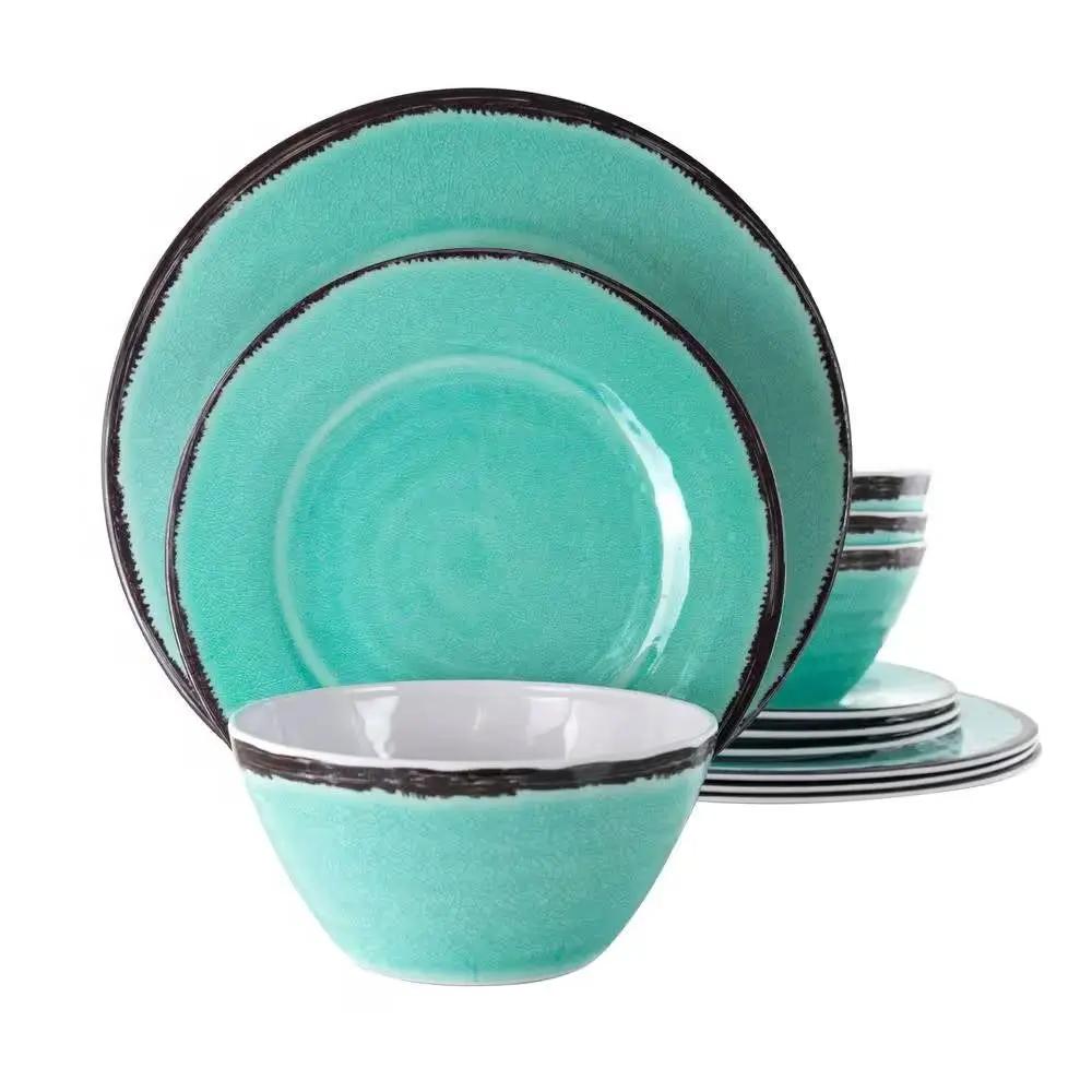 12-Piece Melamine Plates Bowls Dinnerware Set in Turquoise Blue - Service for 4 by HomePacific