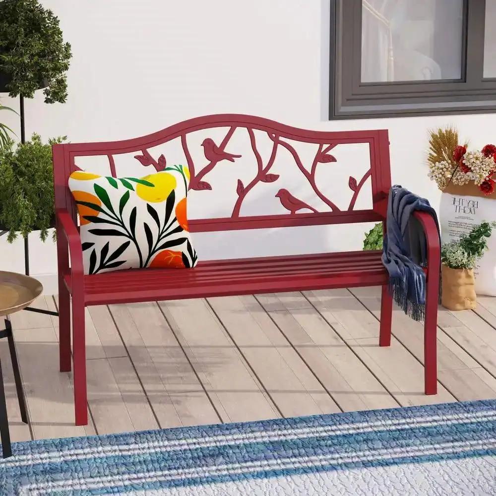 Red Steel Frame Outdoor Patio Garden Bench with Bird Branch Pattern Backrest by HomePacific