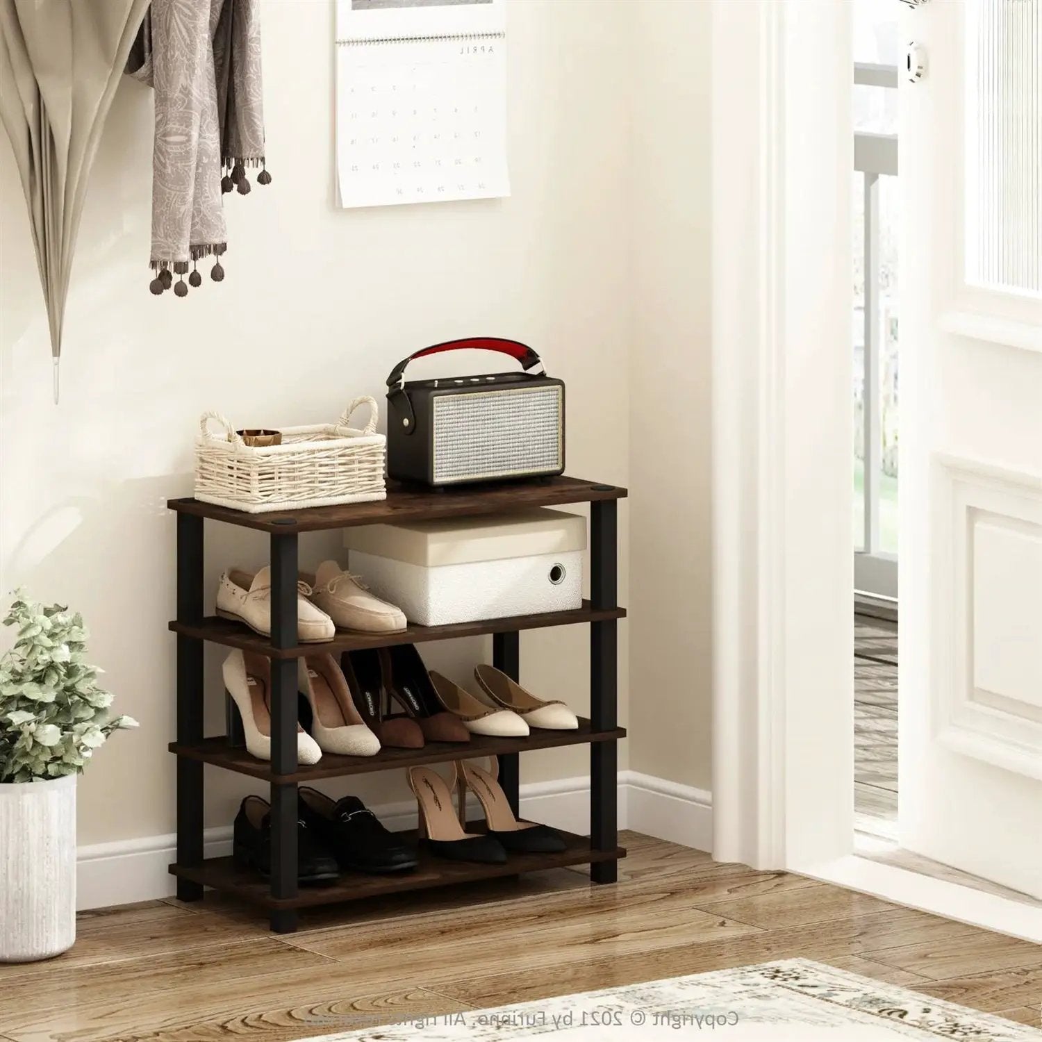 Stackable 4-Shelf Black Brown Wood Shoe Rack - Holds up to 12 Pair of Shoes by HomePacific