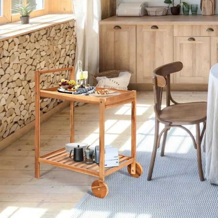 Solid Wood Rolling Serving Cart Kitchen Island with Bottom Shelf by HomePacific