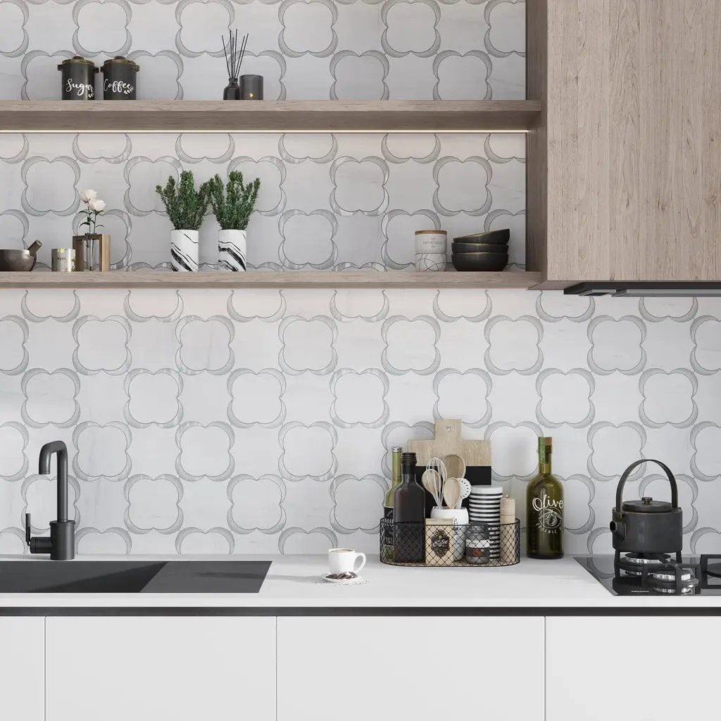 White Gray 11x11 Polished Floral Star Dolomite Glass Marble Mosaic Tile (5 pack, 4.28 sq ft/case) by Apollo Tile
