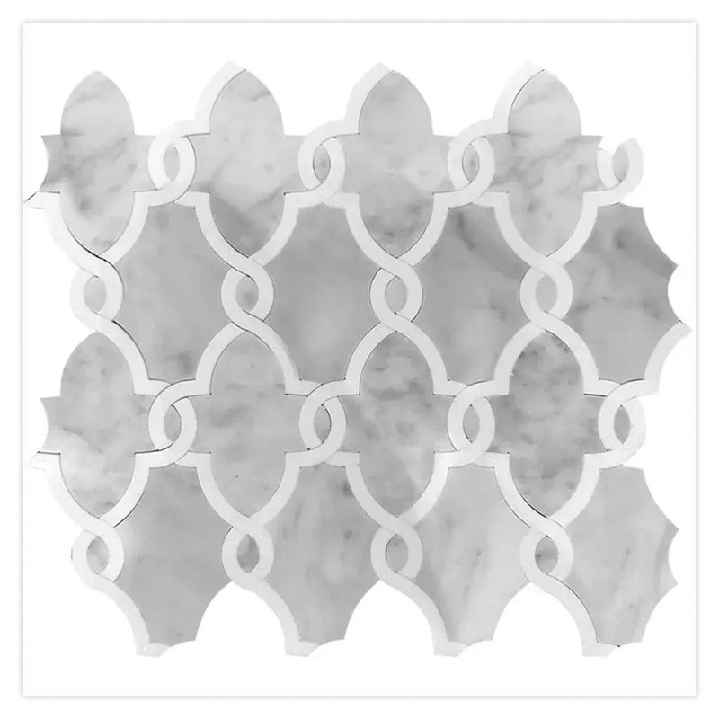 Soft Gray White 11x13 Polished Arabesque Carrrara Thassos Marble Mosaic Tile (5 pack, 4.85 sq ft/case) by Apollo Tile