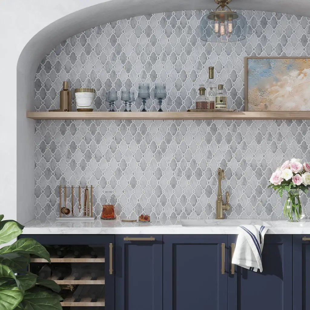 Soft Gray White 11x13 Polished Arabesque Carrrara Thassos Marble Mosaic Tile (5 pack, 4.85 sq ft/case) by Apollo Tile