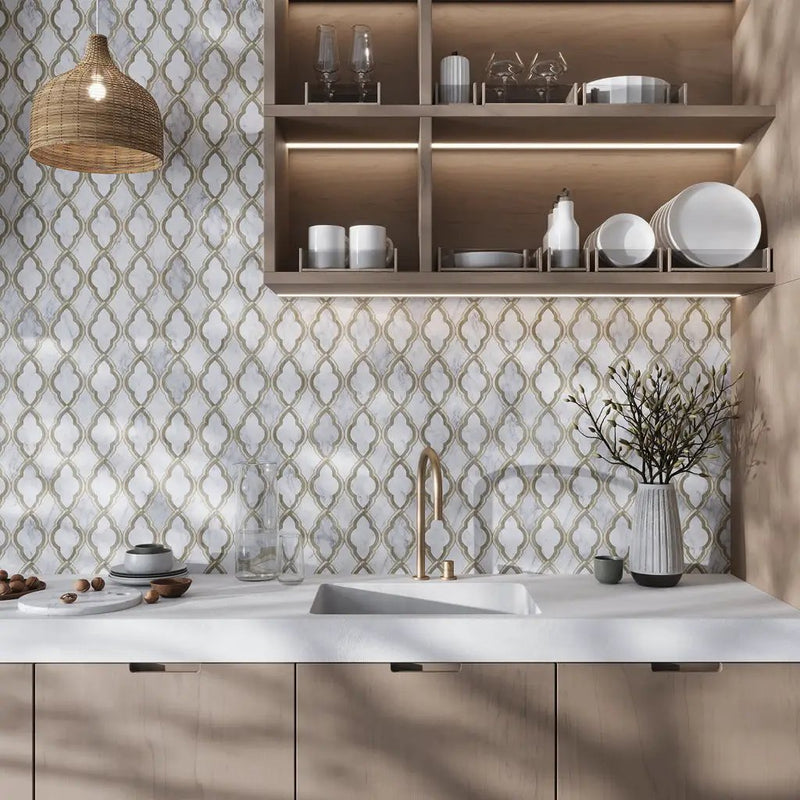 Bianco Carrara, Wooden Grey, Athens Grey 14x14 Polished Arabesque Marble Mosaic Tile (5 pack, 7 sq ft/case) by Apollo Tile