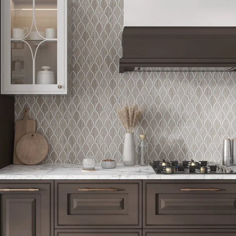 Wooden Grey, Bianco Carrara 9x10 Polished Fan Fish Scale Marble Mosaic Tile (5 pack, 3 sq ft/case) by Apollo Tile