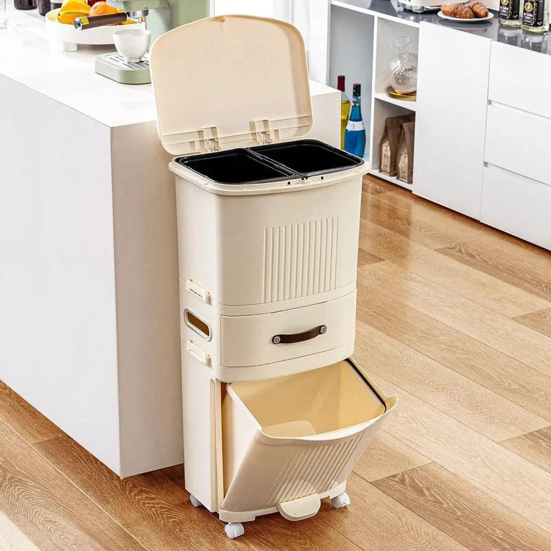12-Gallon Elevated Trash Can Recycle Bin with Lid on Wheels in Cream by HomePacific