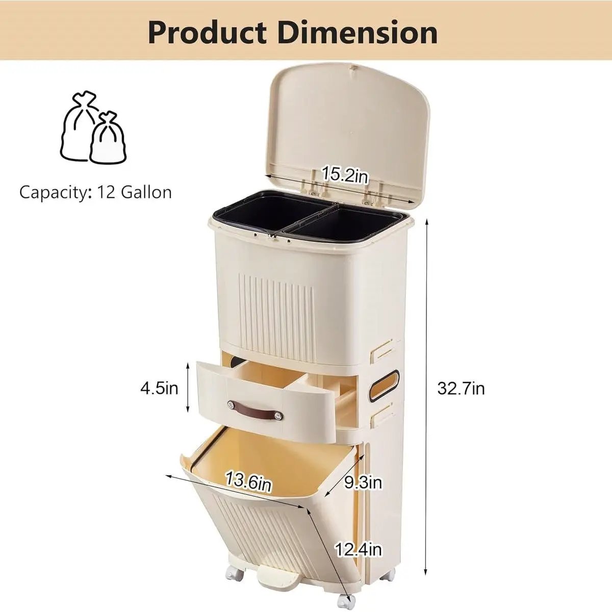 12-Gallon Elevated Trash Can Recycle Bin with Lid on Wheels in Cream by HomePacific